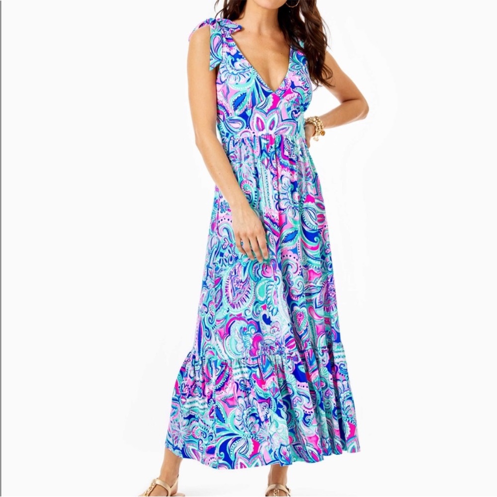 New Lilly Pulitzer Blue Maxine Midi Dress Multi Living the Dream 10